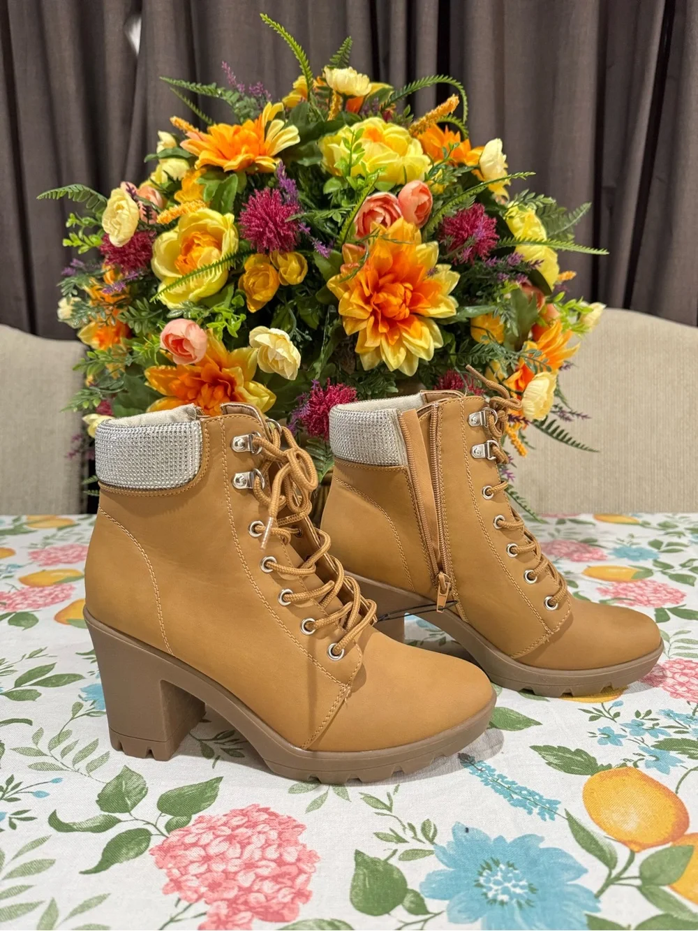 Sugar Tan Lace-Up Block Heel Ankle Boots - Picture 1 of 8